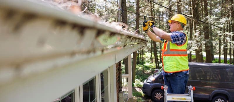 Man inspecting roof damage after a storm